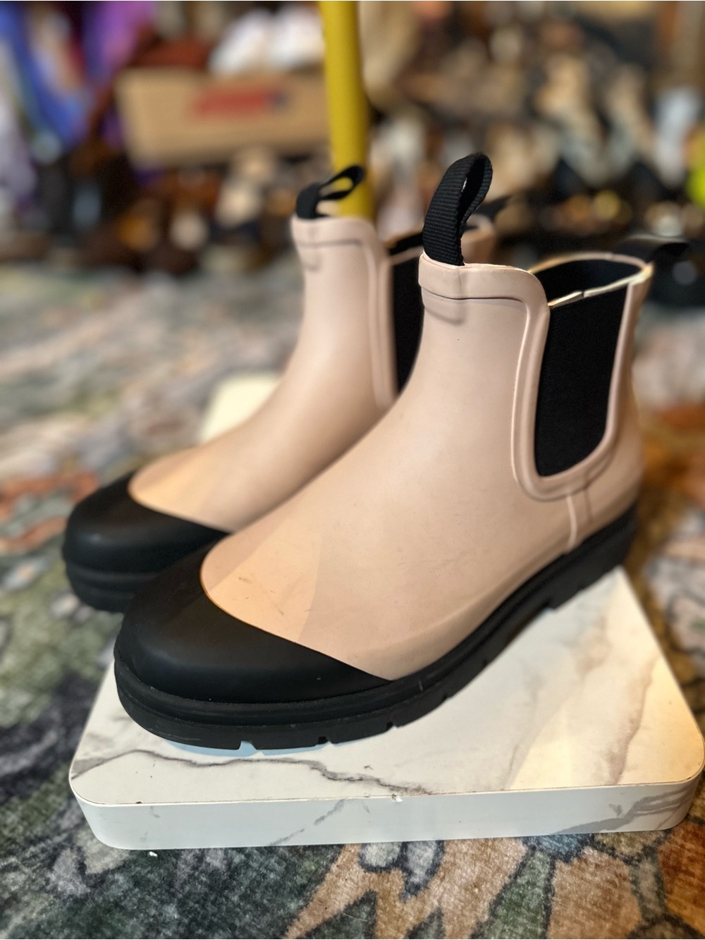 Everlane Blush Pink Chelsea Rain Boots with Black Toe Cap